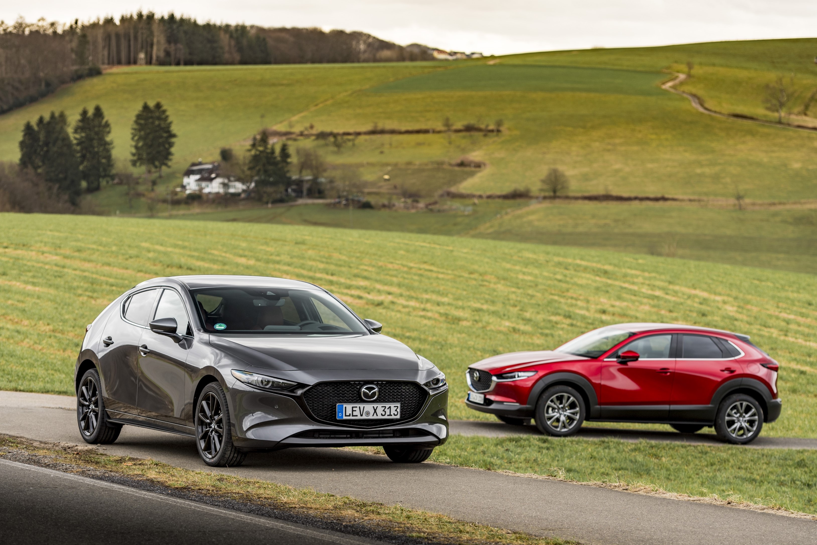 El compacto Mazda 3 e-Skyactiv X (color gris) se vende desde 27.645 euros, y el SUV CX-30 (rojo) a partir de 32.075.