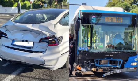 Así queda un Tesla tras ser arrollado por un autobús en Madrid