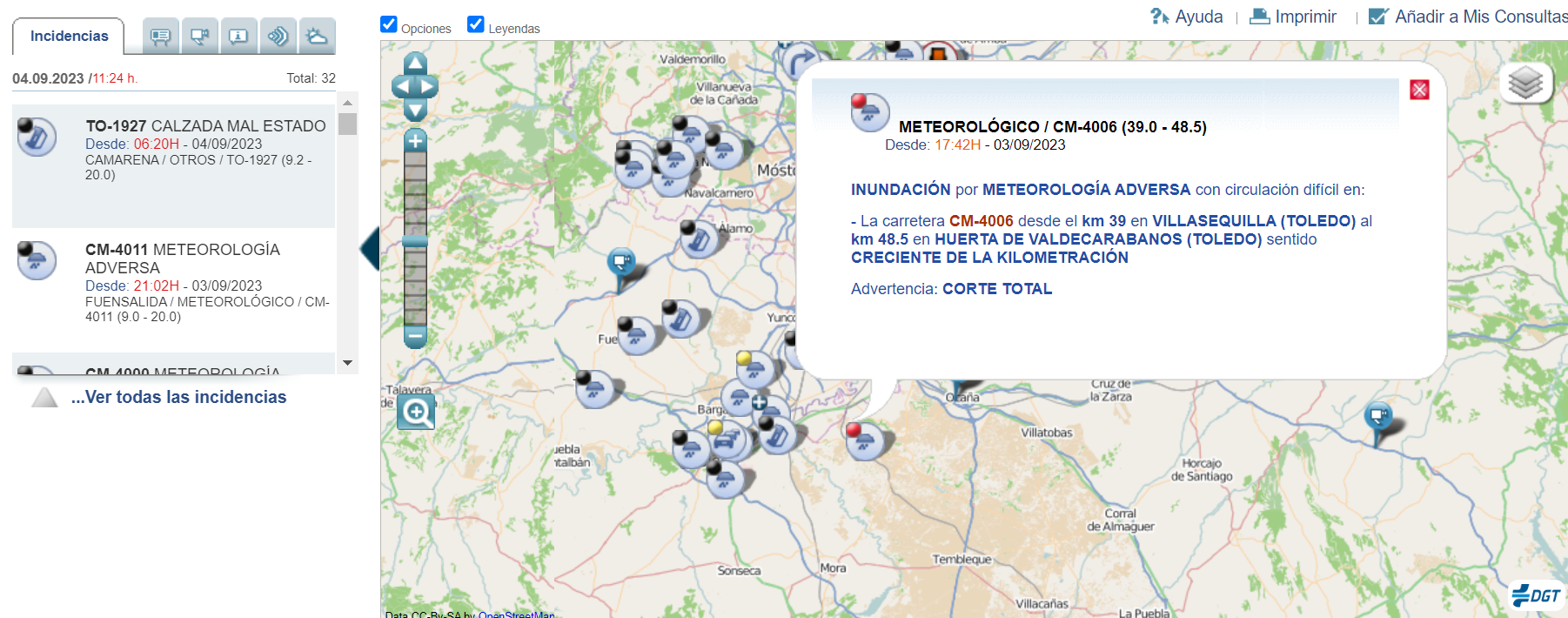 El mapa de la DGT en el que puedes observar las carreteras de Córdoba  afectadas por