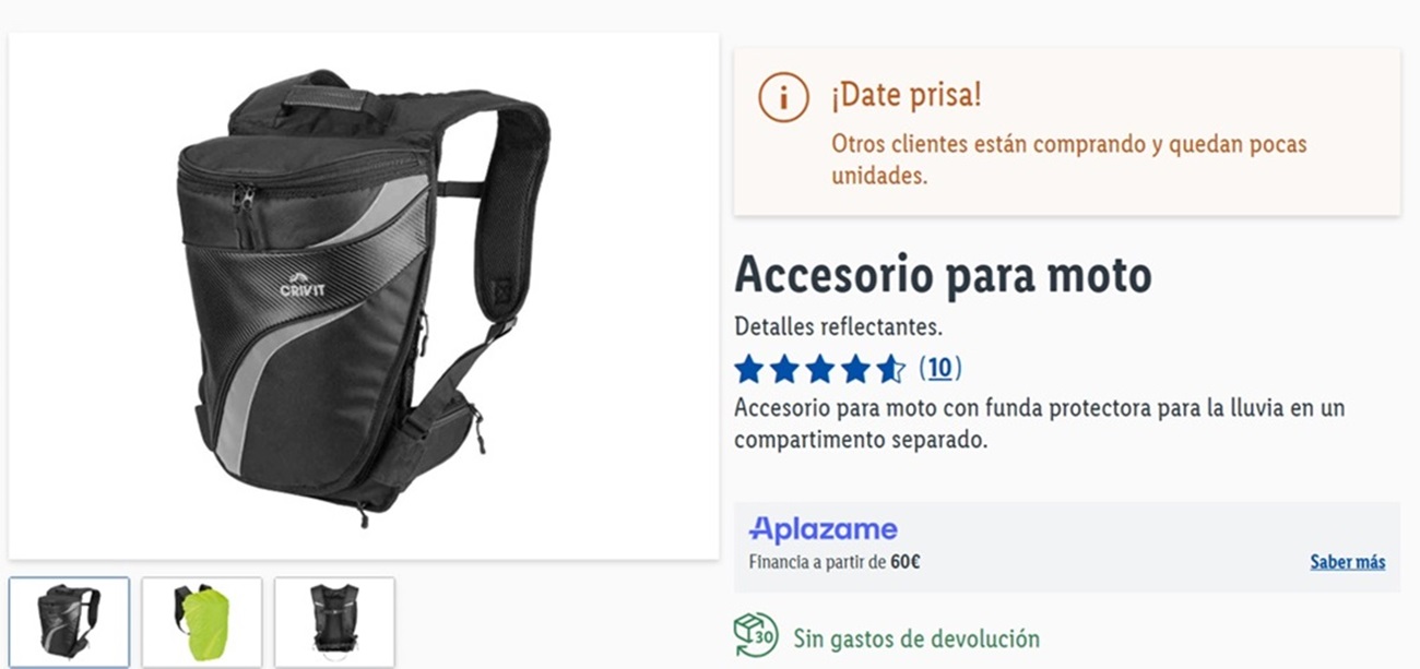 Mochila para moto. Imagen de Lidl.