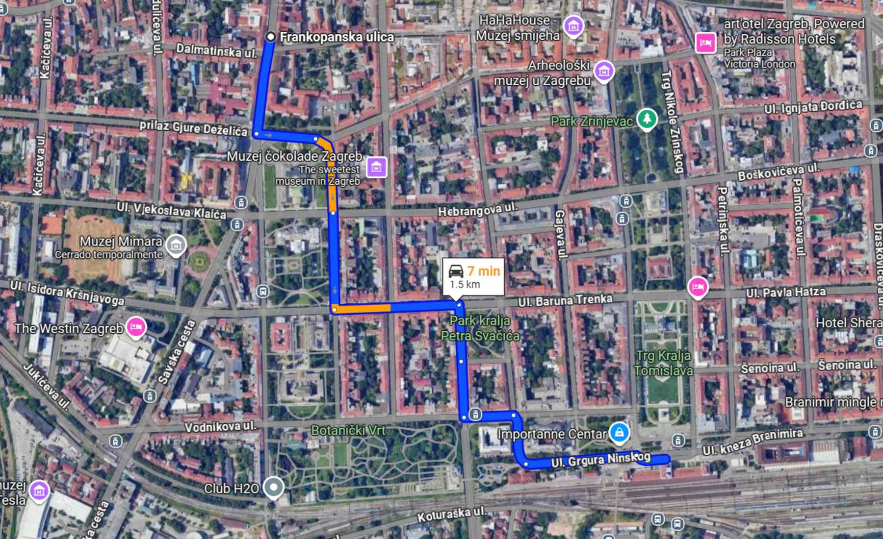 Recorrido Google Maps Estación Central Zagreb y Frankopanska