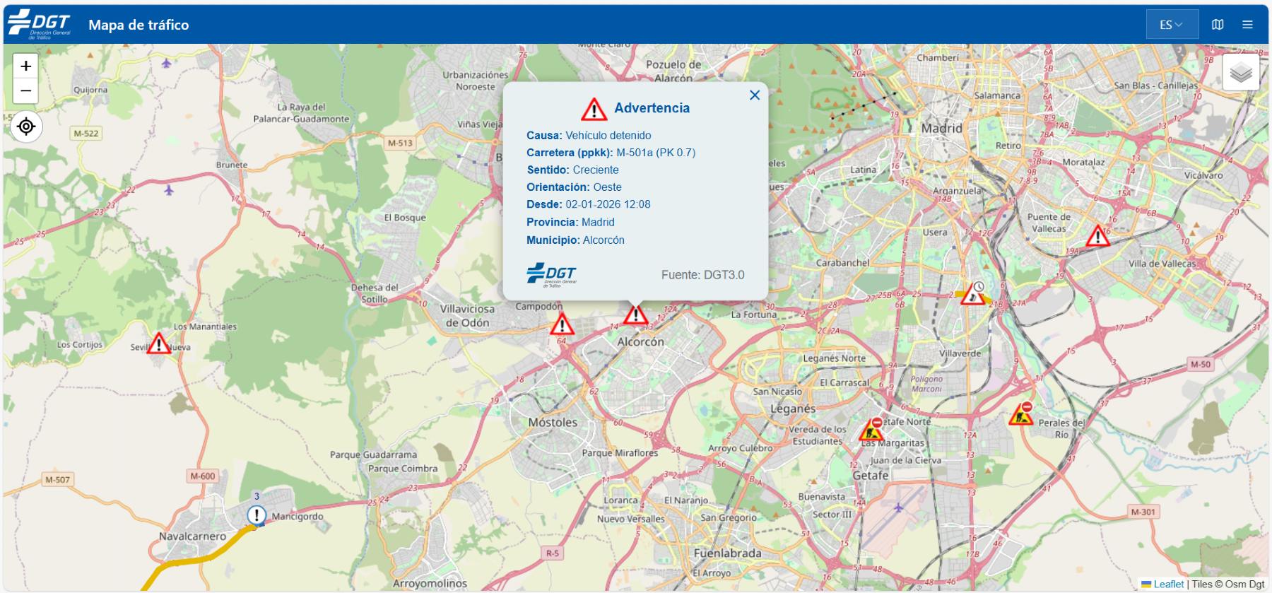 Mapa de accidentes en tiempo real de la DGT
