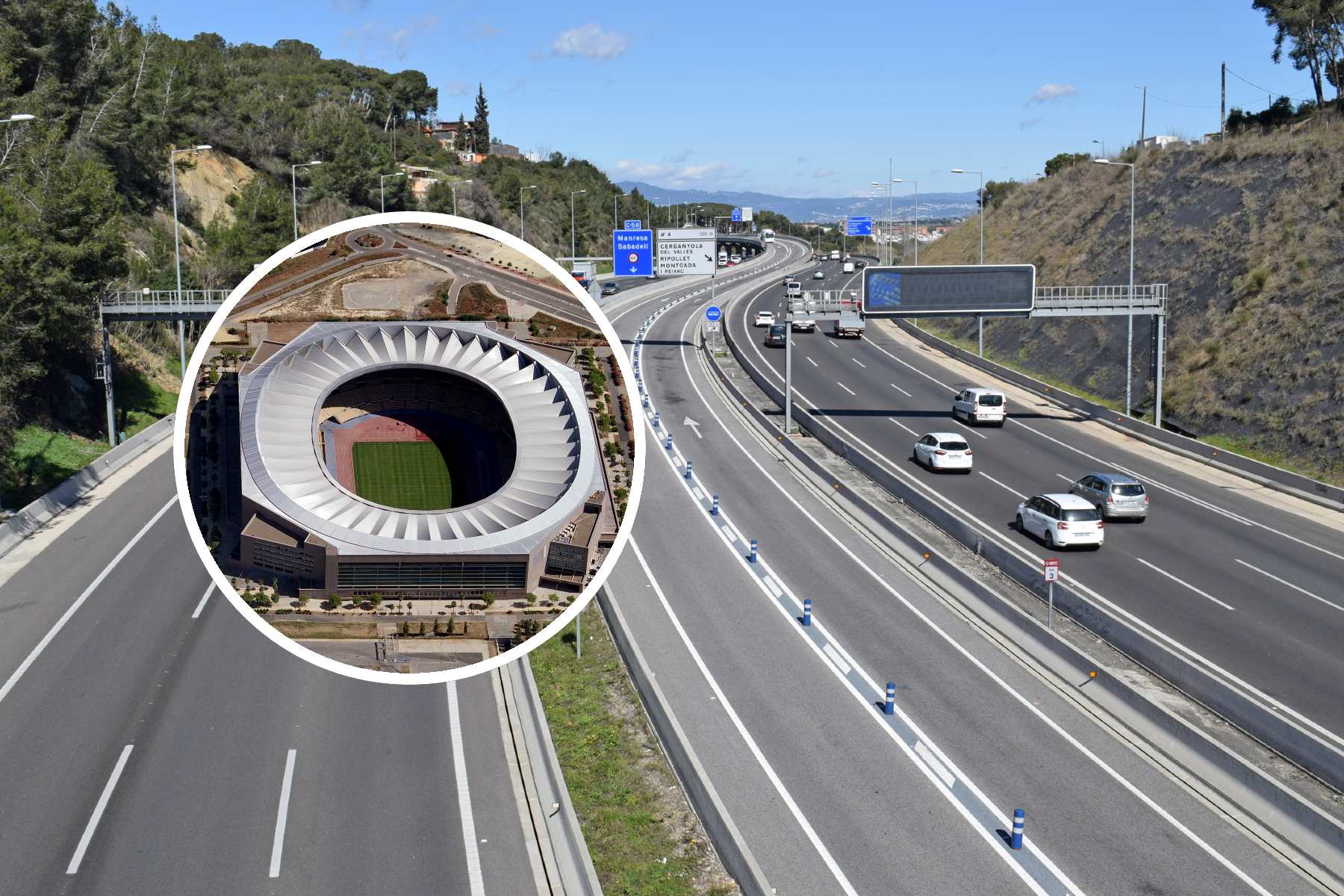 Varios coches en una autovía y el estadio de La Cartuja en fotomontaje.