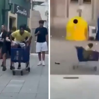 Lanzan a su amigo cuesta abajo en un carrito de la compra y lo que ocurre al llegar a la carretera parece imposible